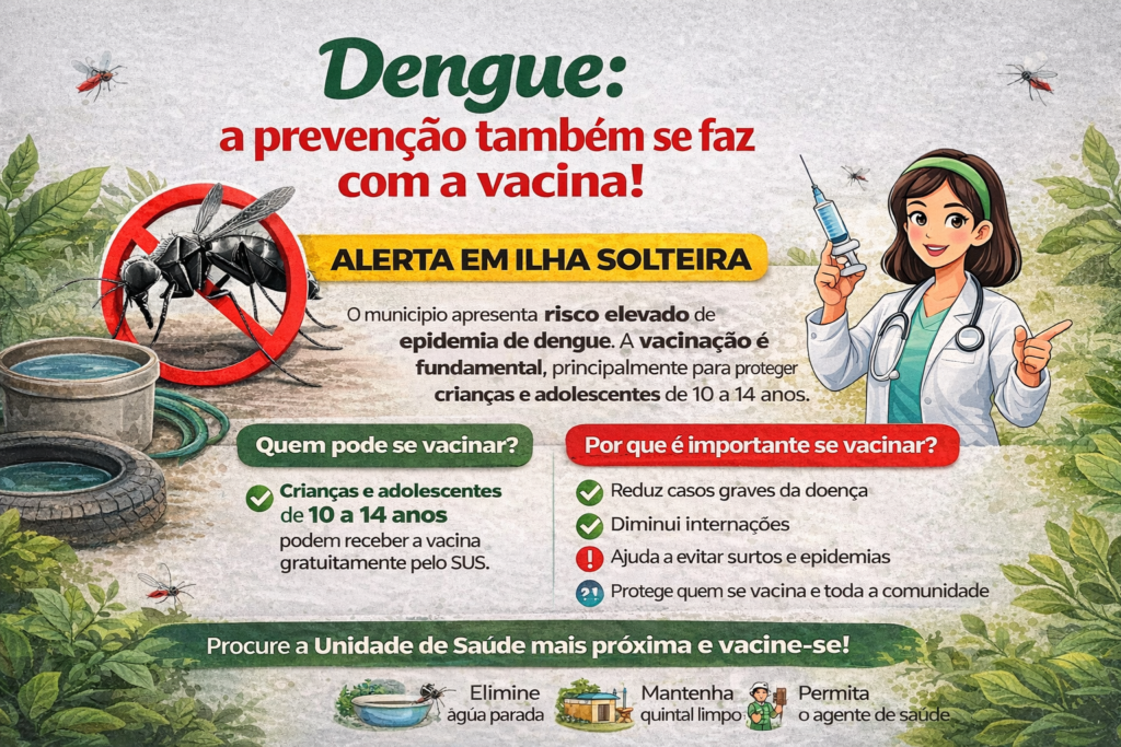 Cartaz com informações sobre prevenção e vacinação da dengue.
