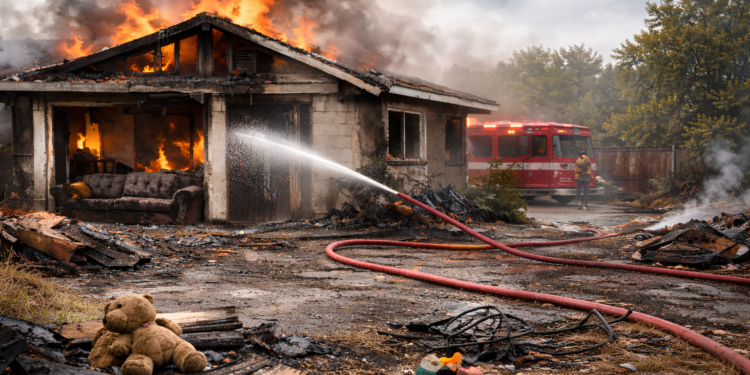 Imagem de IA de uma casa incendiada.