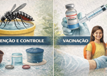 Imagem de IA sobre prevenção da dengue com um mosquito e vacina.
