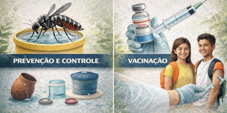 Imagem de IA sobre prevenção da dengue com um mosquito e vacina.