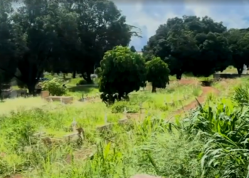 Cemitério com mato alto e aparência de abandono em cidade do interior de São Paulo